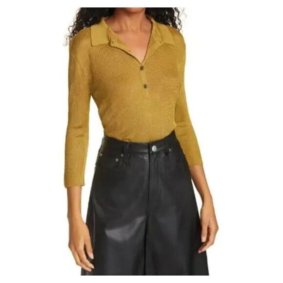 rag & bone Tops - RAG & BONE Pacey Knit Polo Shirt Bodysuit XS Chartreuse Button Up Collar Sweater